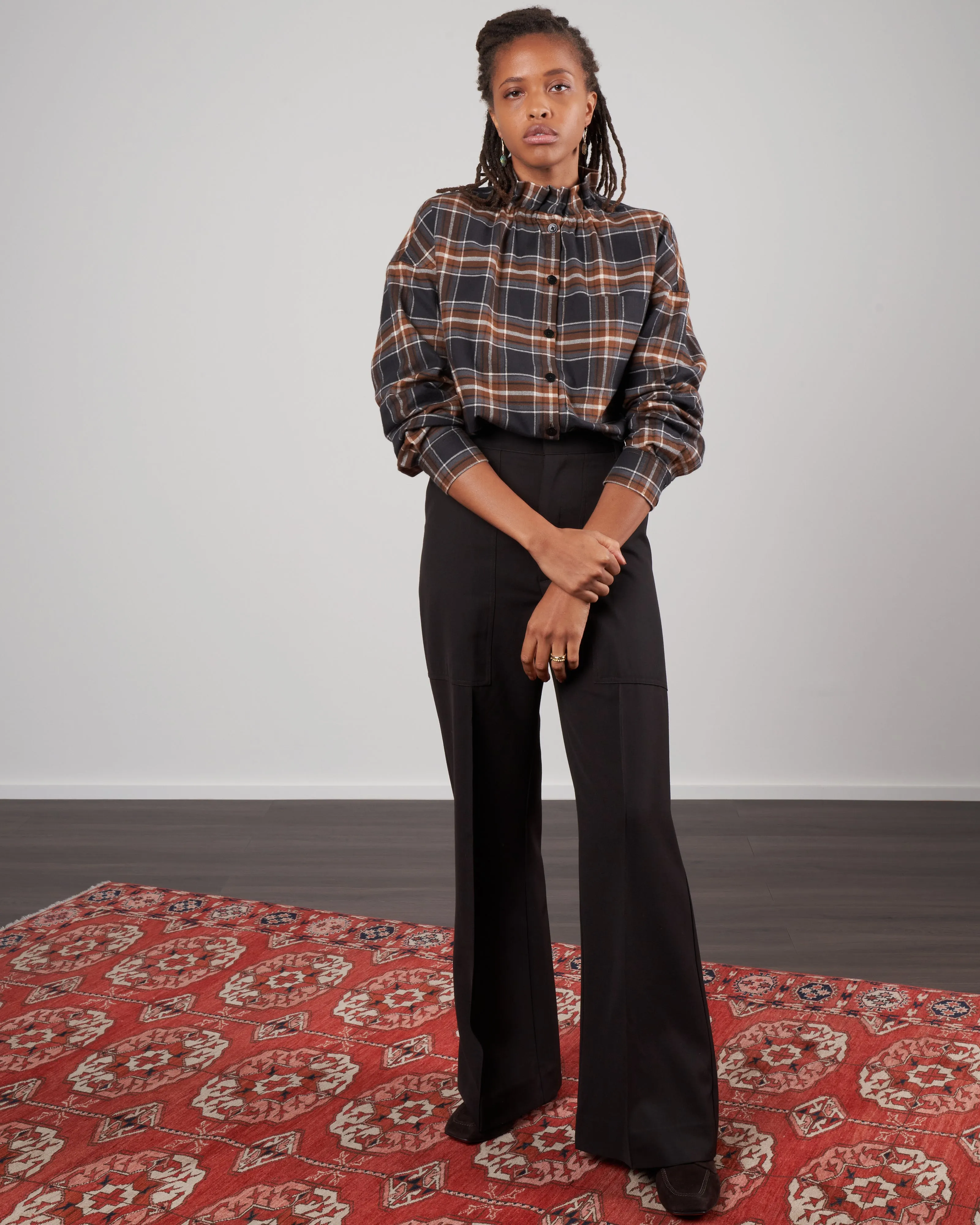 theodore ruffle shirt - brown multi