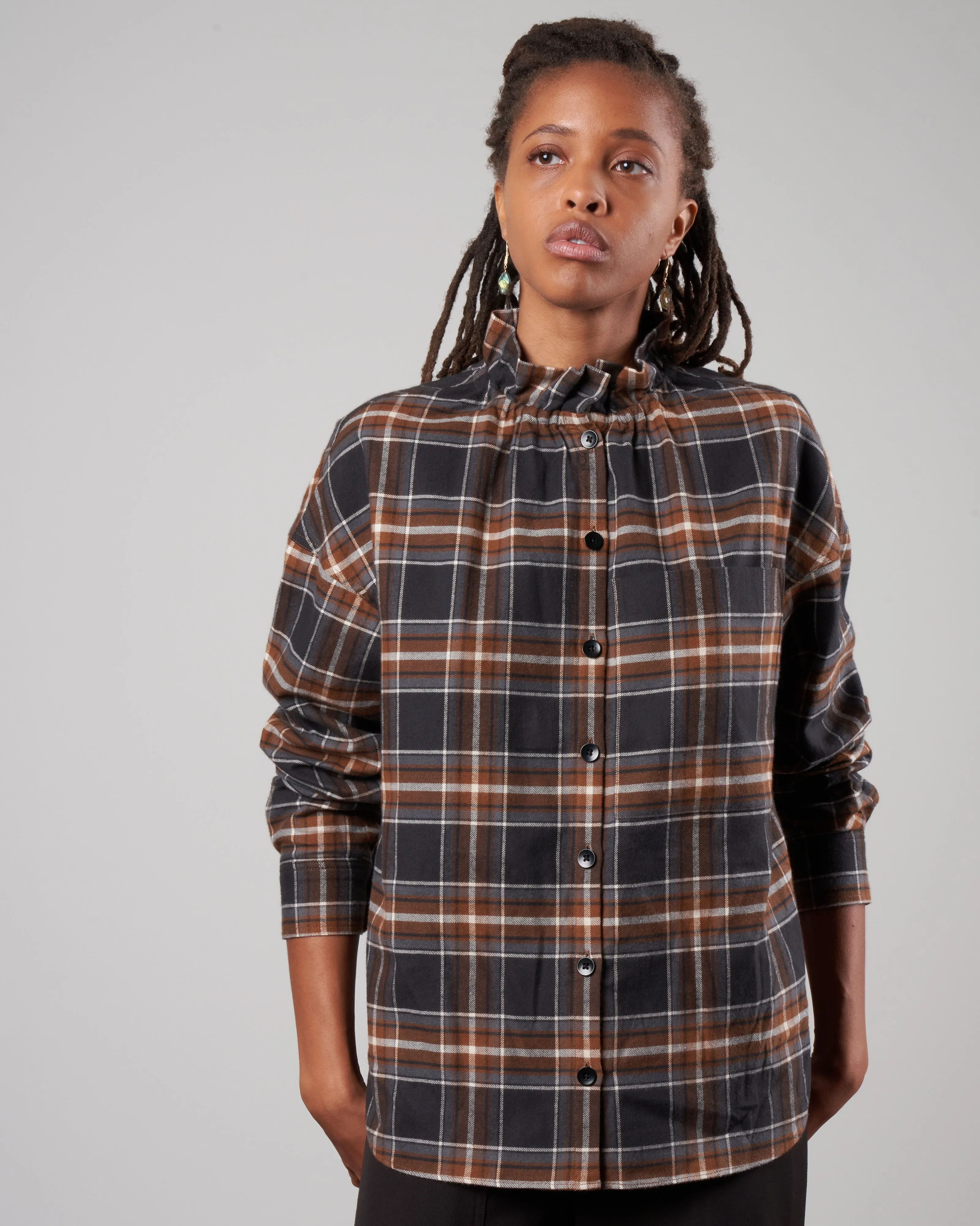 theodore ruffle shirt - brown multi