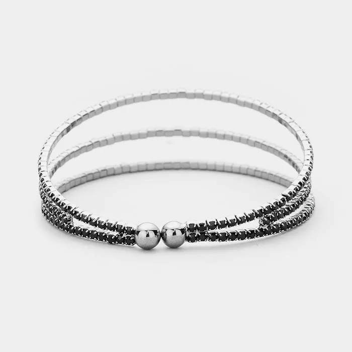 Three Row Black Crystal Rhinestone Cuff Bracelet on Gold  | 396635