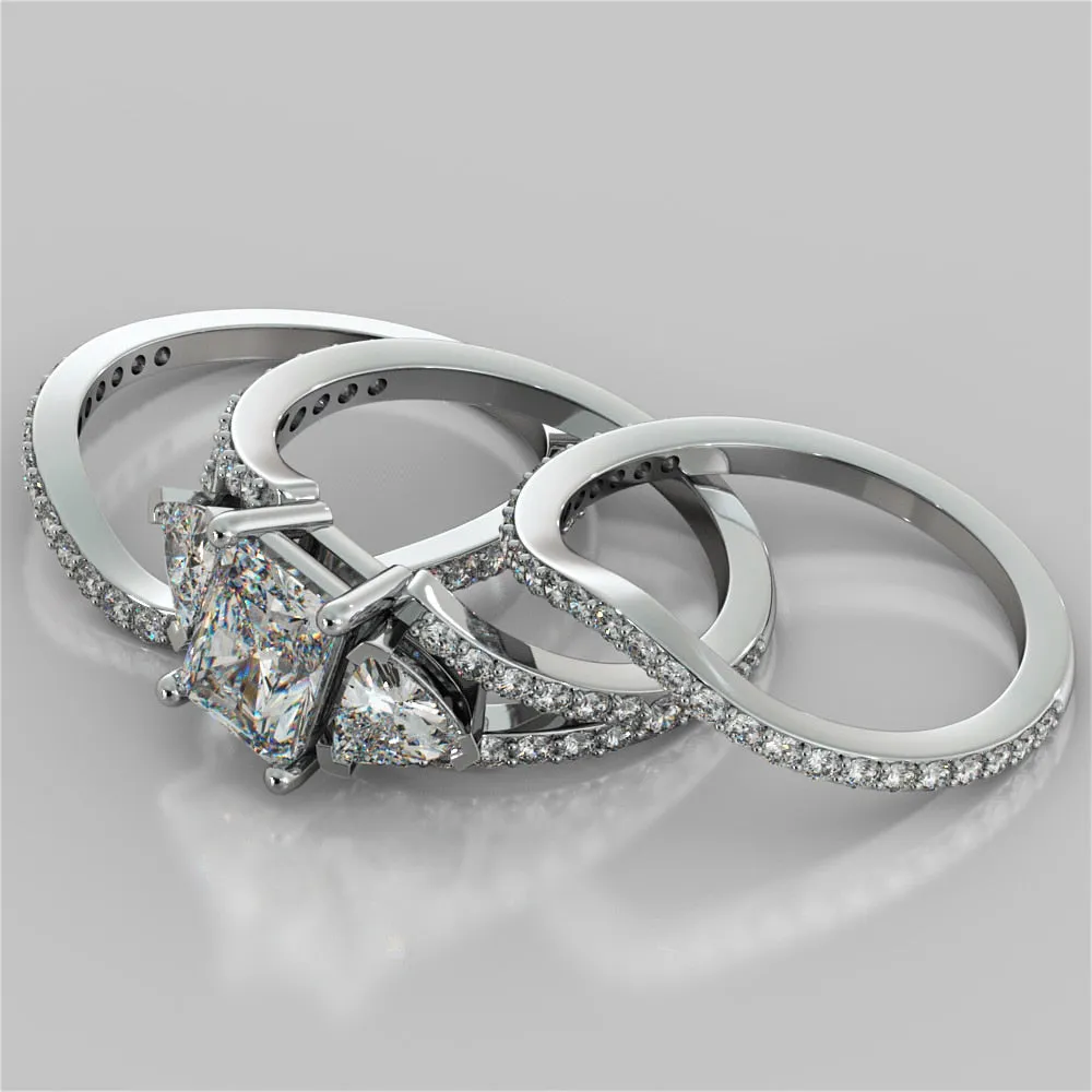 Three-Stone Radiant Cut Trio Wedding Set with Split Shanks