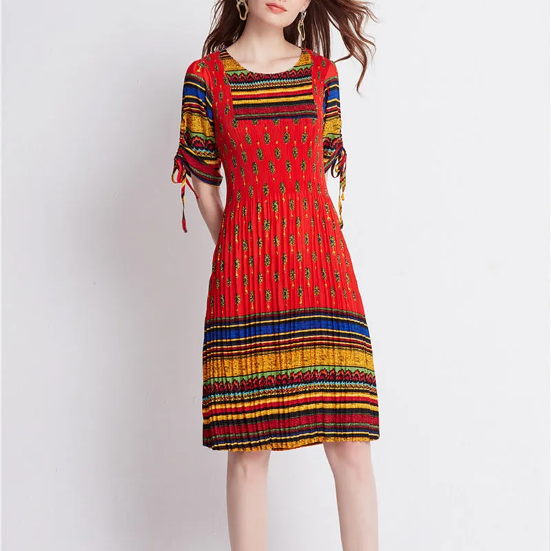 Tie Sleeves Rainbow Skirt Colorful Pleated Color Dress