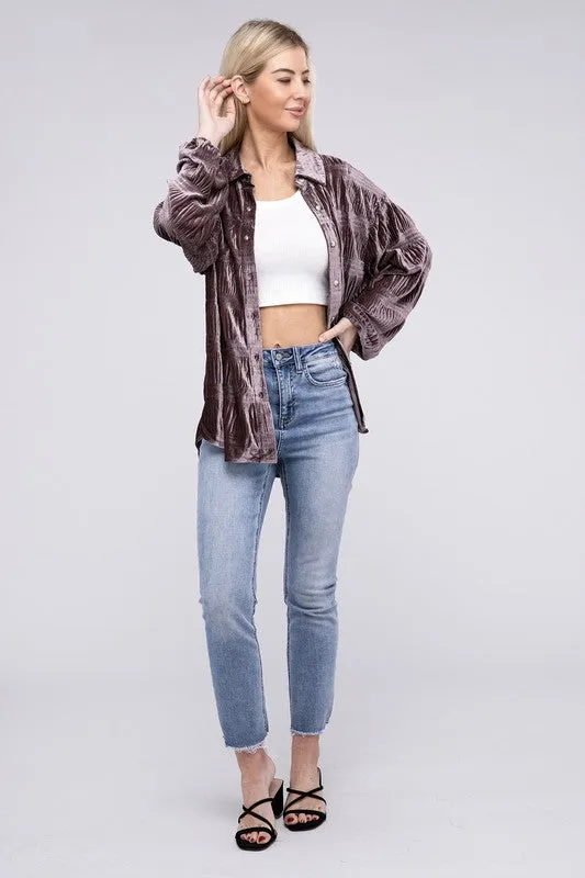 Tiered Shirring Velvet Shirt