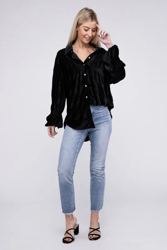 Tiered Shirring Velvet Shirt