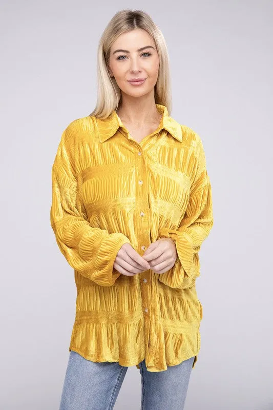 Tiered Shirring Velvet Shirt
