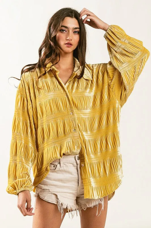 Tiered Shirring Velvet Shirt