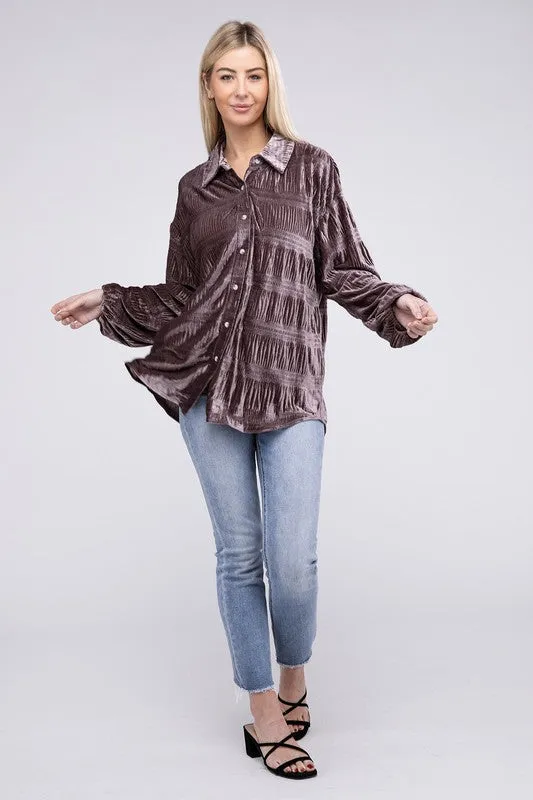 Tiered Shirring Velvet Shirt