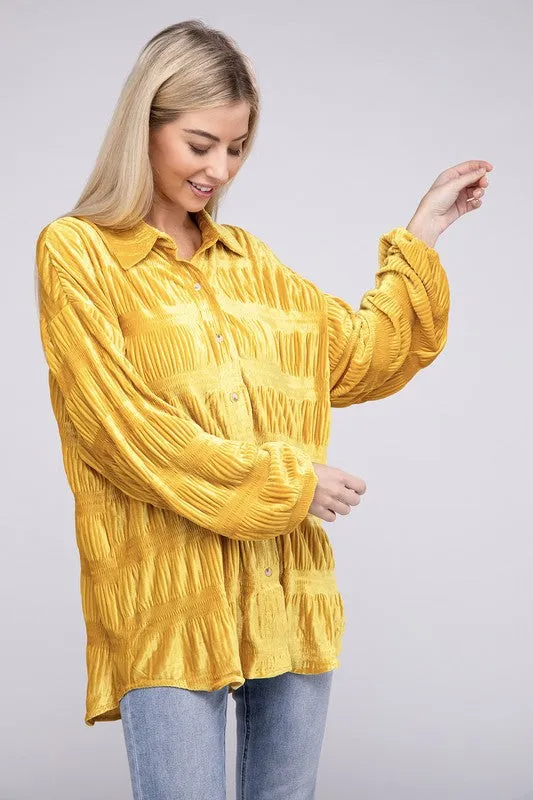 Tiered Shirring Velvet Shirt