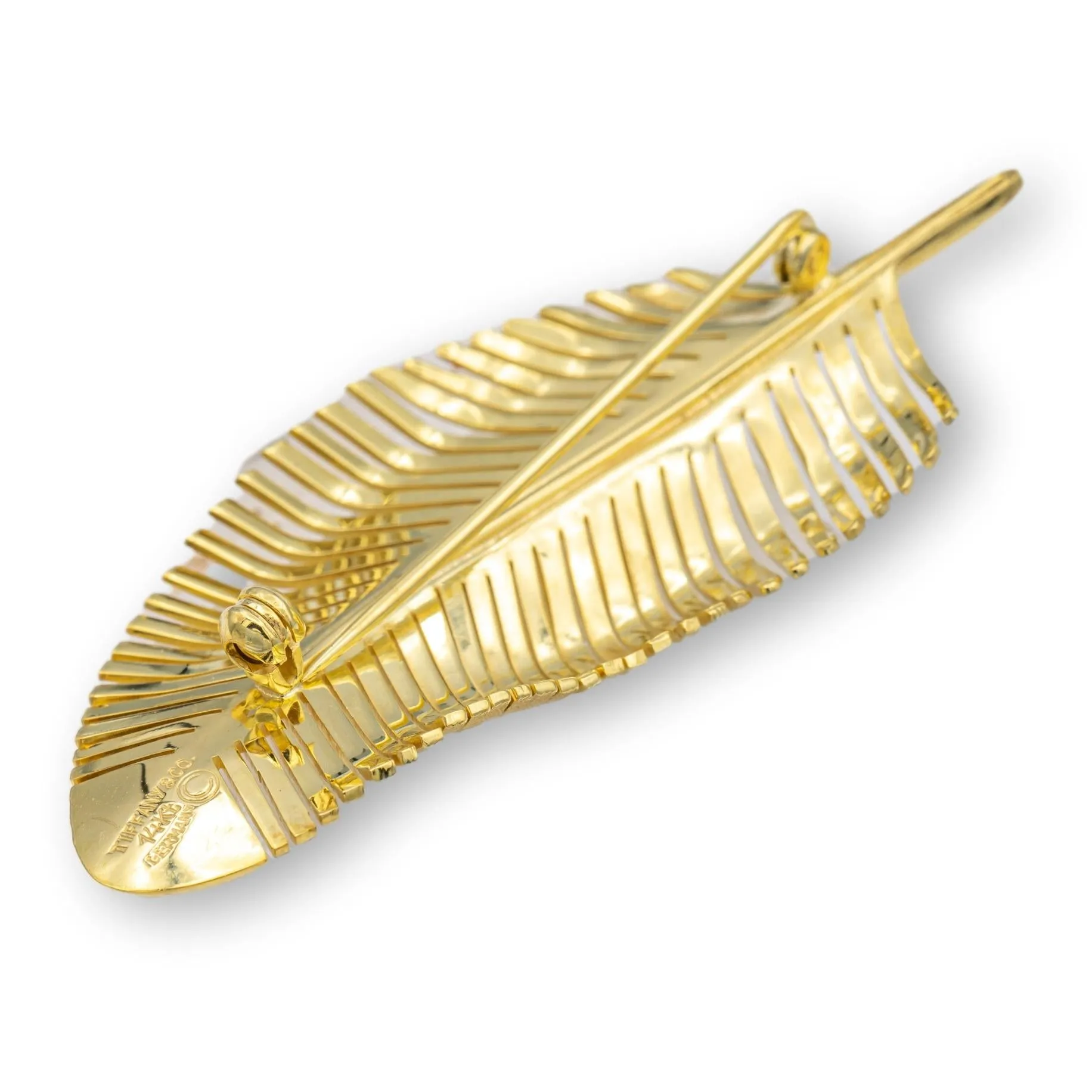 Tiffany and Co. Vintage 18K Yellow Gold Feather Motif Florentine Brooch