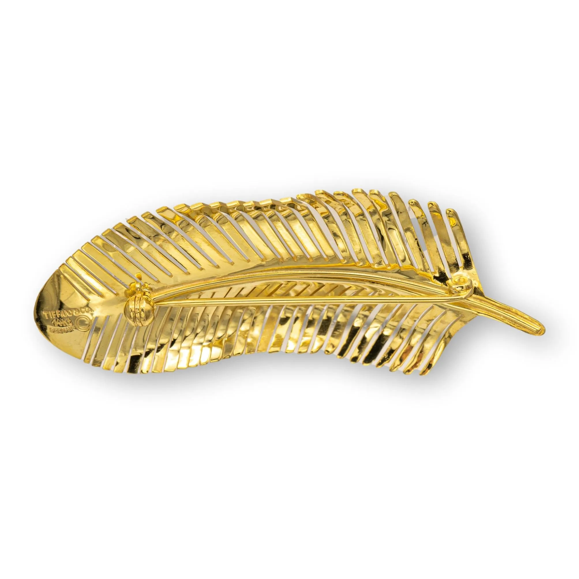 Tiffany and Co. Vintage 18K Yellow Gold Feather Motif Florentine Brooch