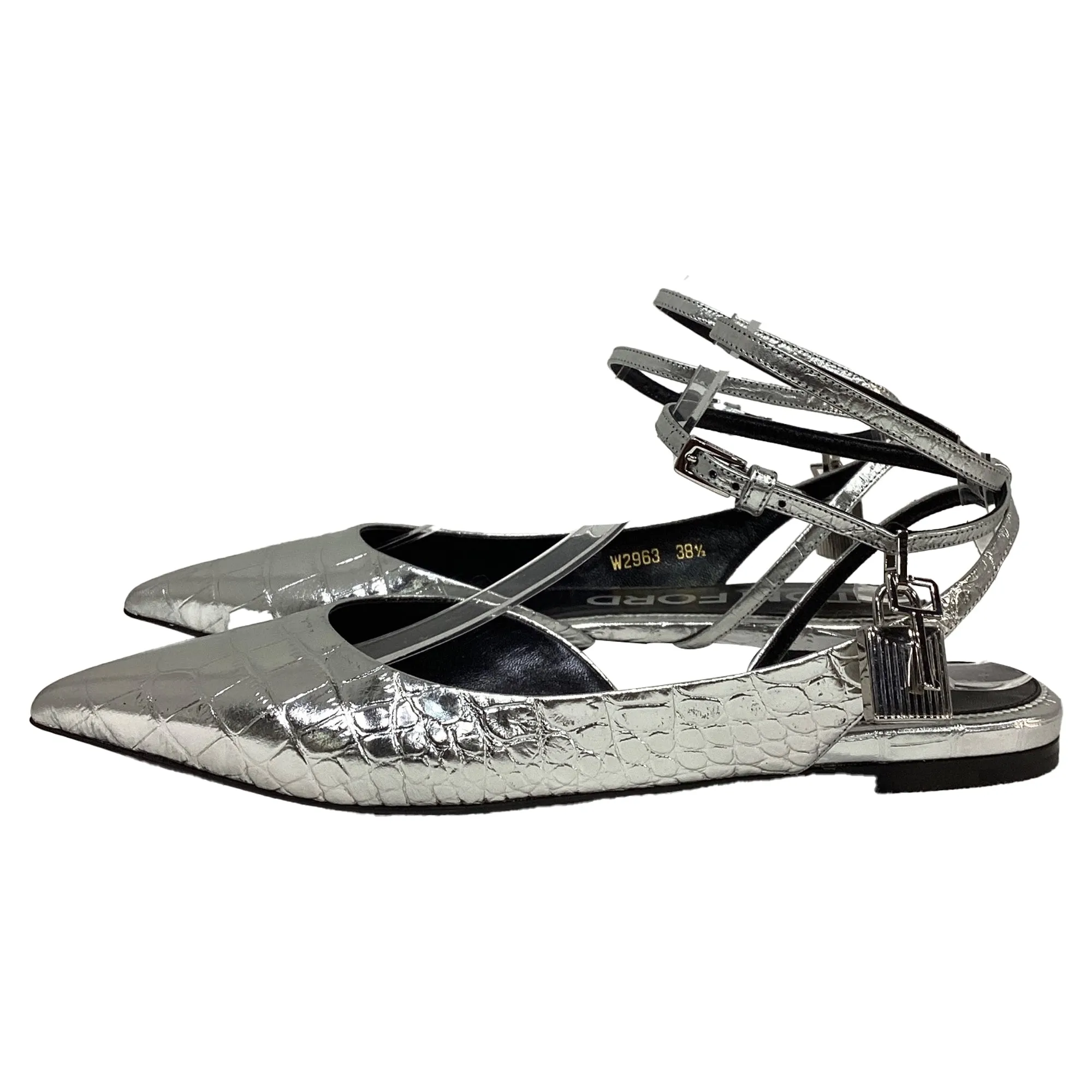 Tom Ford Padlock Croc-Embossed Ballet Flats in Silver Leather