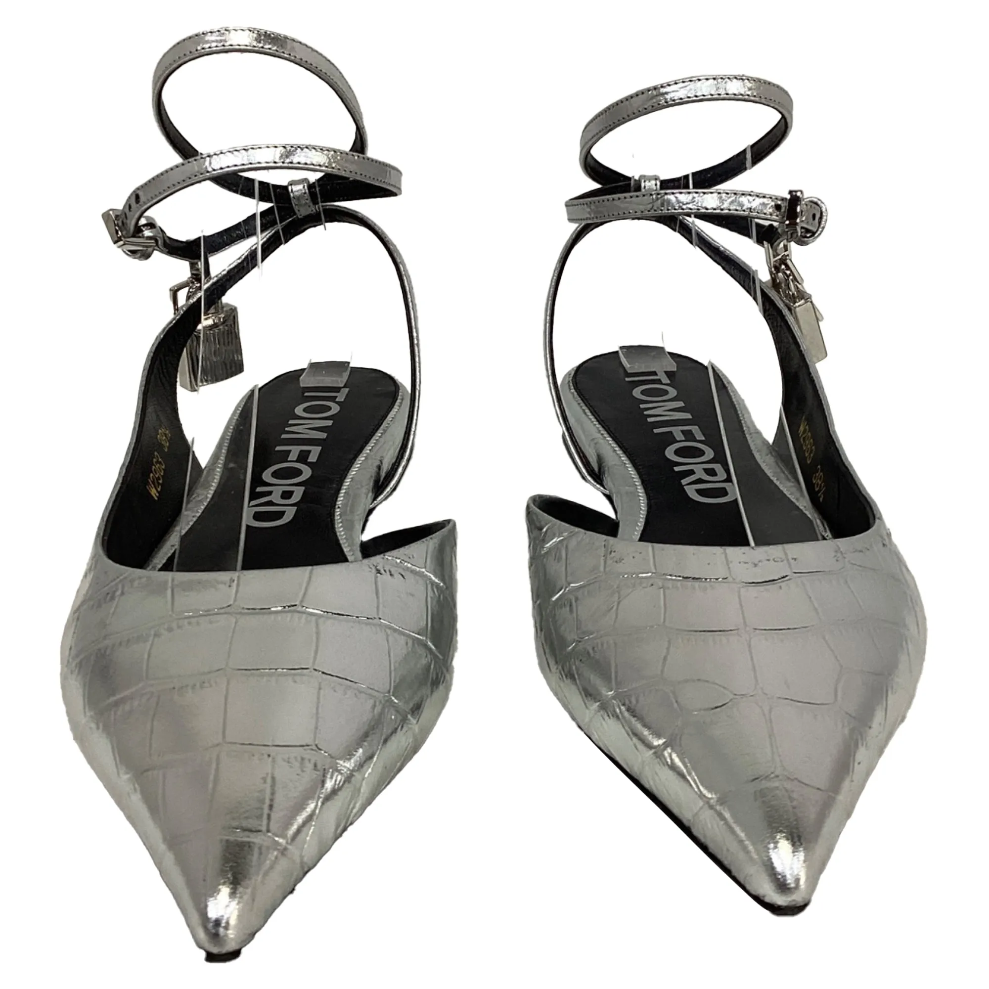 Tom Ford Padlock Croc-Embossed Ballet Flats in Silver Leather