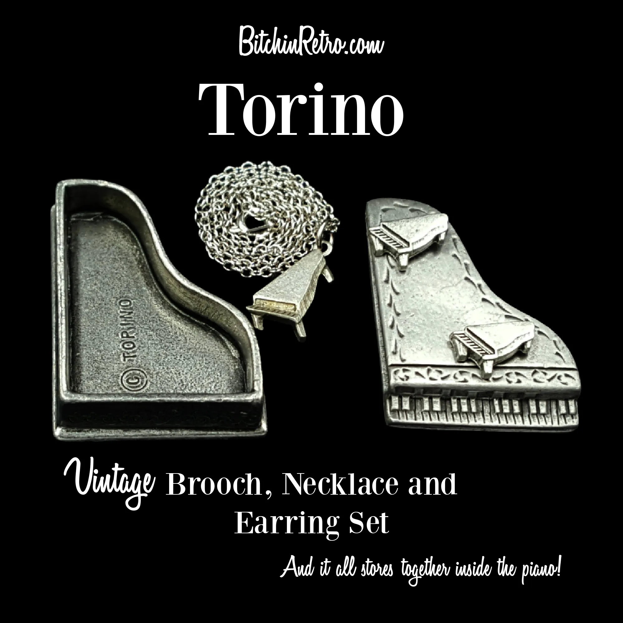 Torino Vintage Pewter Piano Set with Necklace Brooch Earrings and Case