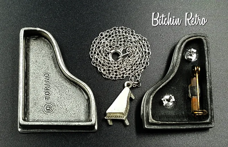Torino Vintage Pewter Piano Set with Necklace Brooch Earrings and Case
