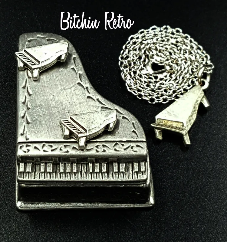Torino Vintage Pewter Piano Set with Necklace Brooch Earrings and Case