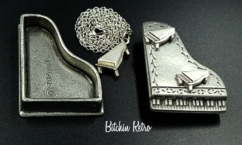 Torino Vintage Pewter Piano Set with Necklace Brooch Earrings and Case