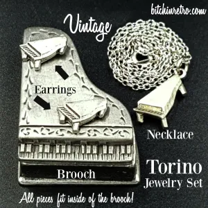 Torino Vintage Pewter Piano Set with Necklace Brooch Earrings and Case