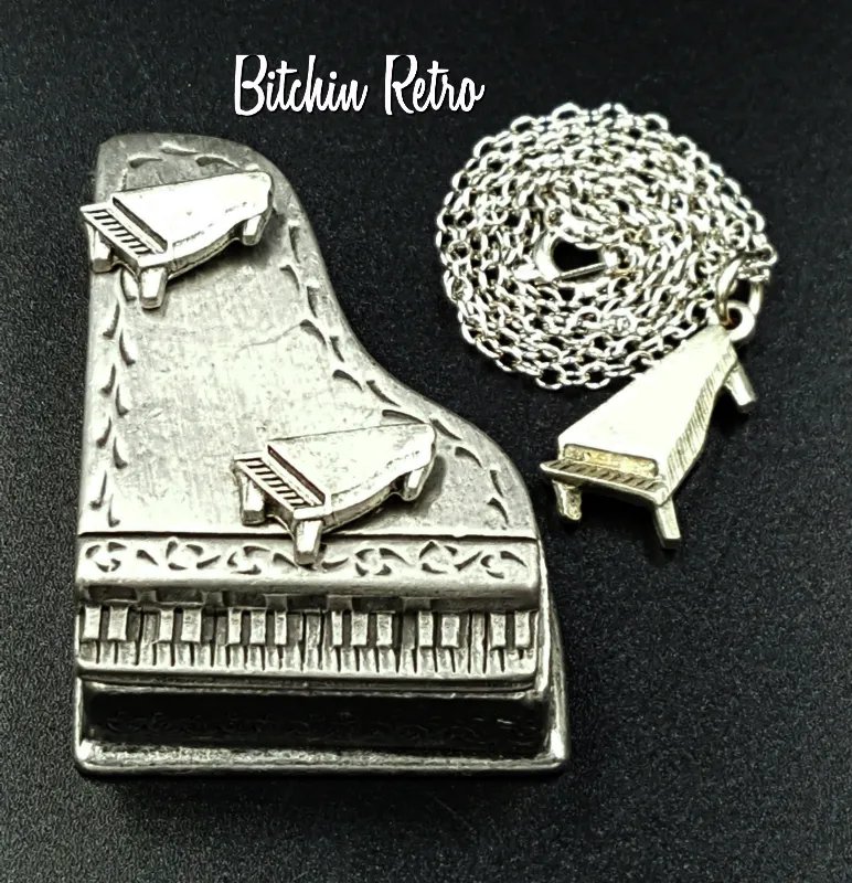 Torino Vintage Pewter Piano Set with Necklace Brooch Earrings and Case