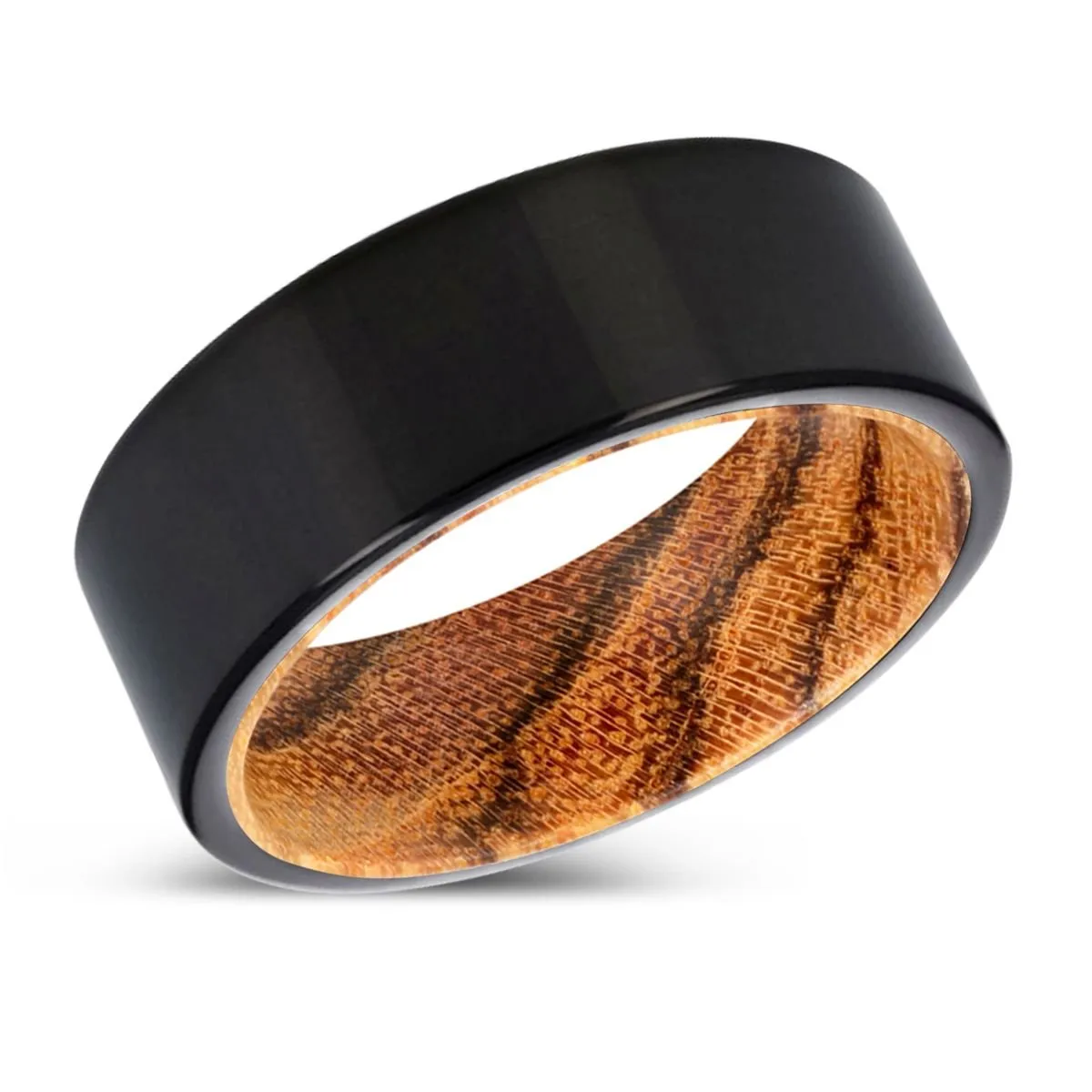 TORRINE | Bocote Wood, Black Tungsten Ring, Shiny, Flat