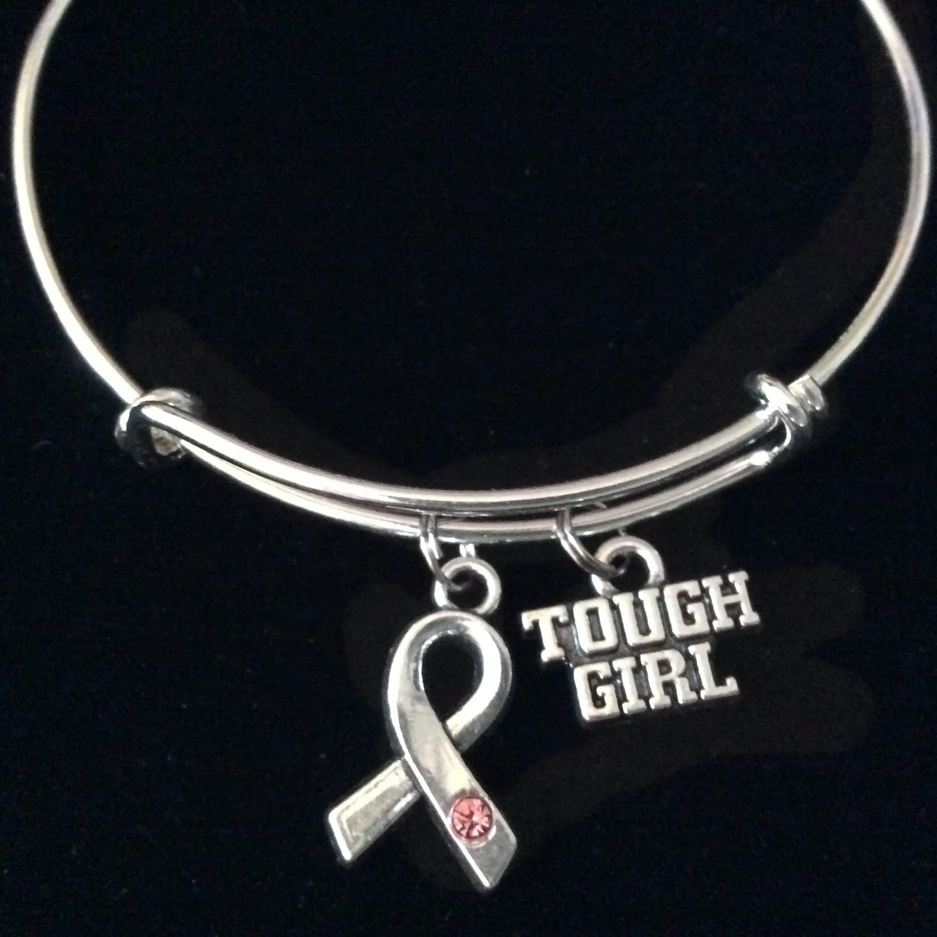 Tough Girl Awareness Ribbon Pink Crystal Silver Expandable Charm Bracelet Adjustable Bangle Gift Breast Cancer