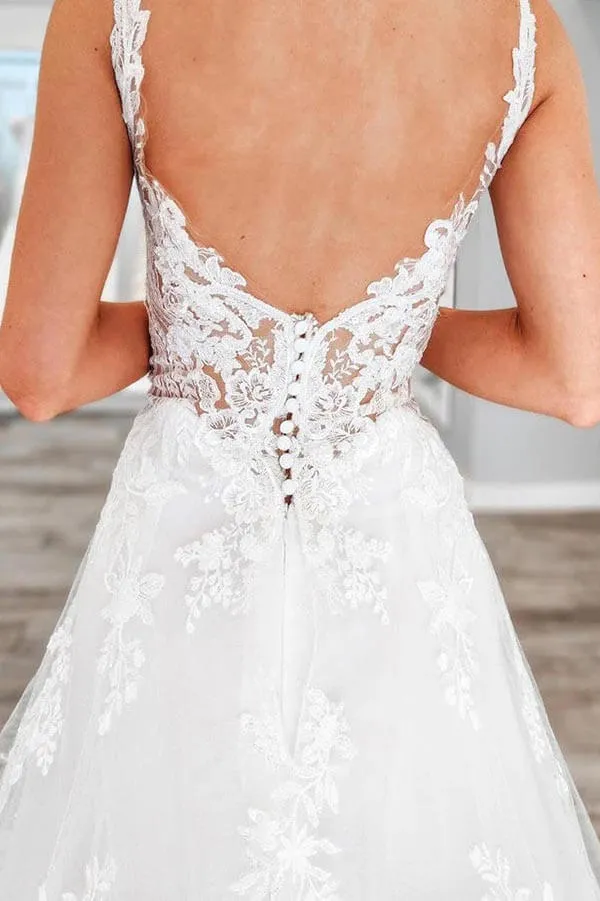 Tulle A-line V-neck Lace Appliques Wedding Dresses With Chapel Train, MW888