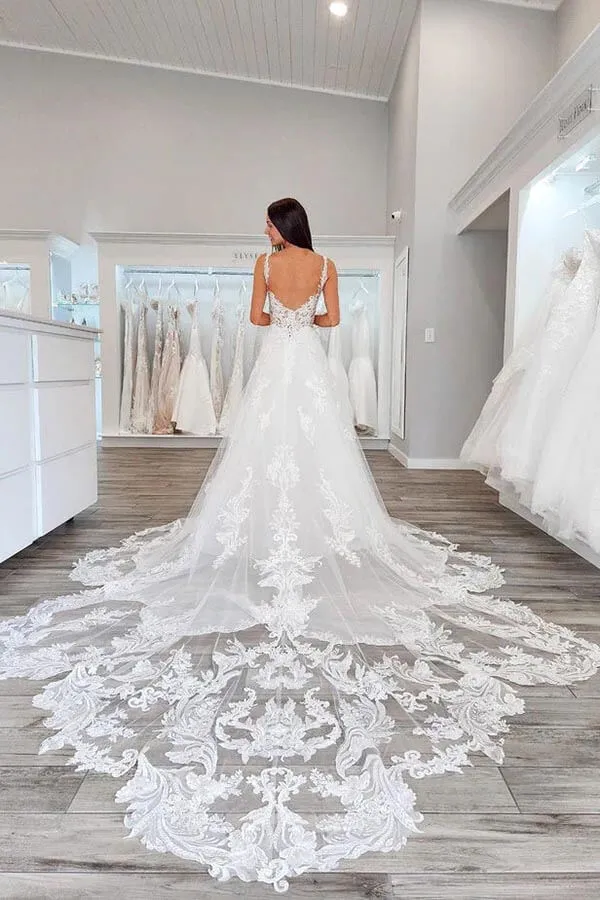 Tulle A-line V-neck Lace Appliques Wedding Dresses With Chapel Train, MW888
