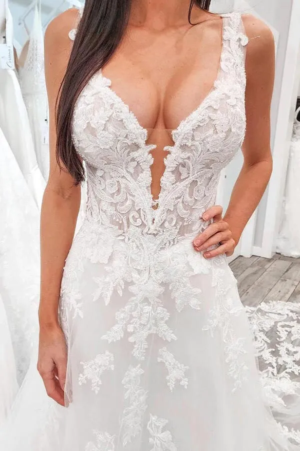 Tulle A-line V-neck Lace Appliques Wedding Dresses With Chapel Train, MW888