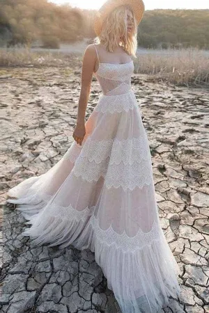 Tulle Lace Spaghetti Straps Boho Wedding Dresses, A-line Bridal Gown, MW715
