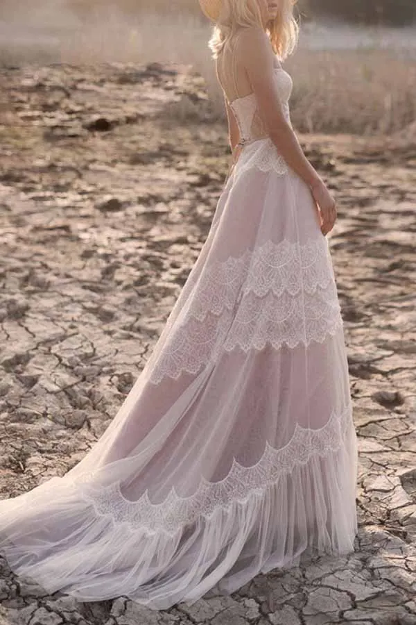 Tulle Lace Spaghetti Straps Boho Wedding Dresses, A-line Bridal Gown, MW715
