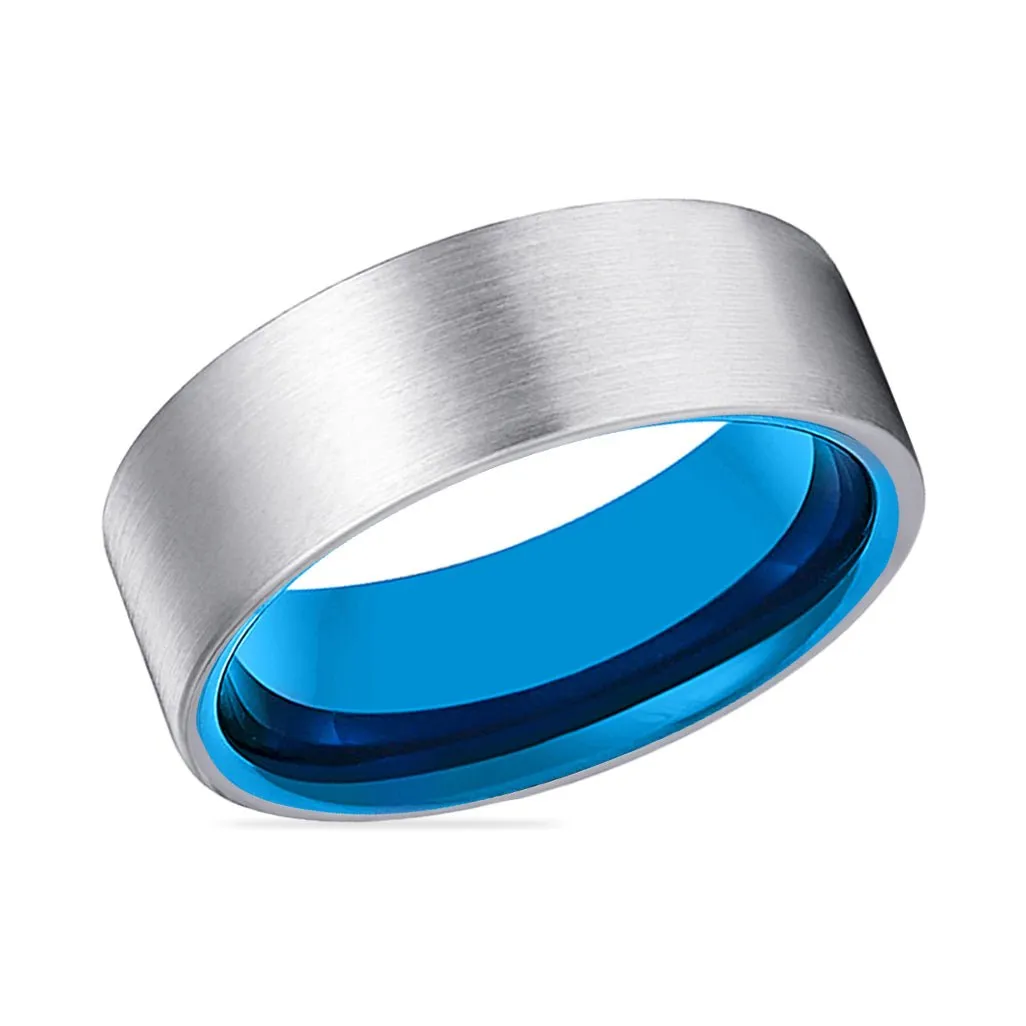 TURKS | Blue Ring, Silver Tungsten Ring, Brushed, Flat