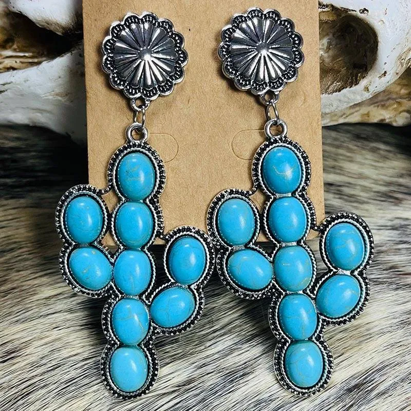 Turquoise Cactus Vintage Western Drop Earrings