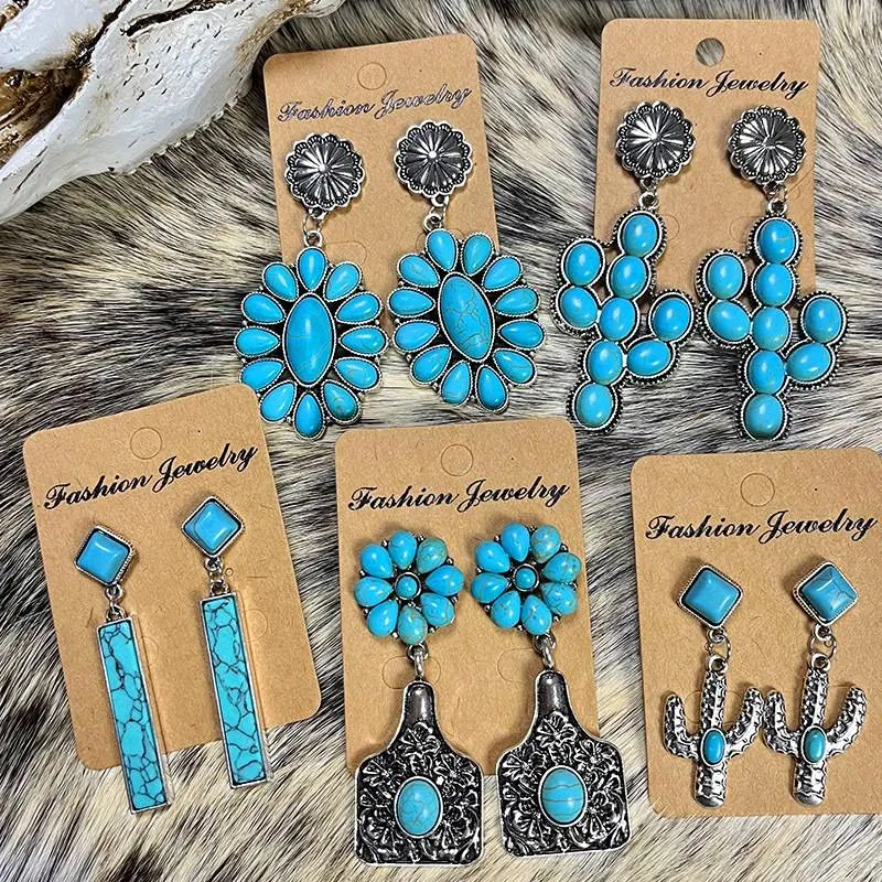 Turquoise Cactus Vintage Western Drop Earrings