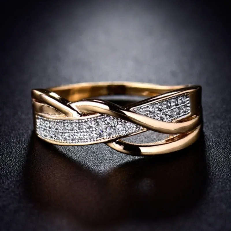 Twisted Gold Zircon Ring Women Engagement Promise Jewelry