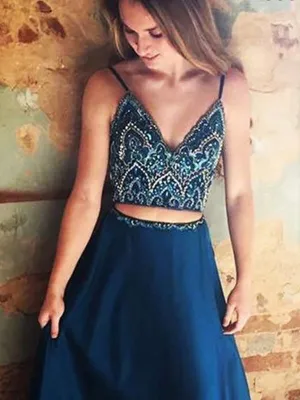 Two Piece Spaghetti Straps Beaded Blue Satin Prom Dresses,Cheap Prom Dresses,PDY0493