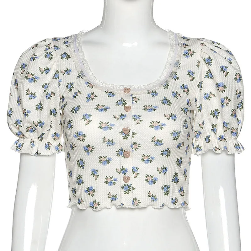 U-Neck Florals Pattern Slim Shirt