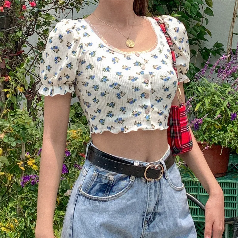 U-Neck Florals Pattern Slim Shirt