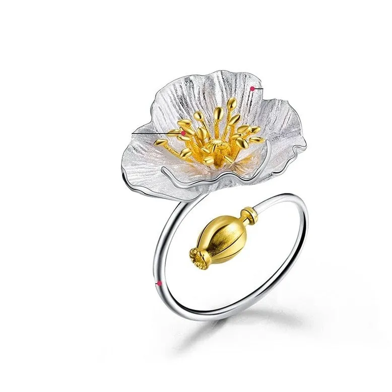 Unique Flower Ring Blooming Poppies Silver Fine Jewelry for Women
