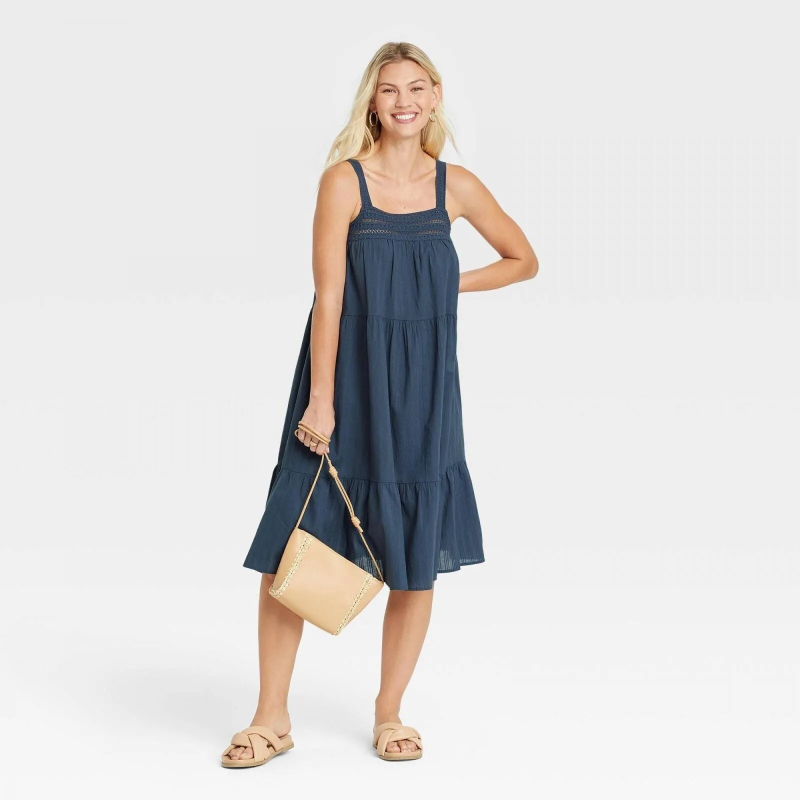 Universal Thread Women's Sleeveless Crochet Trim Dress Navy Blue M