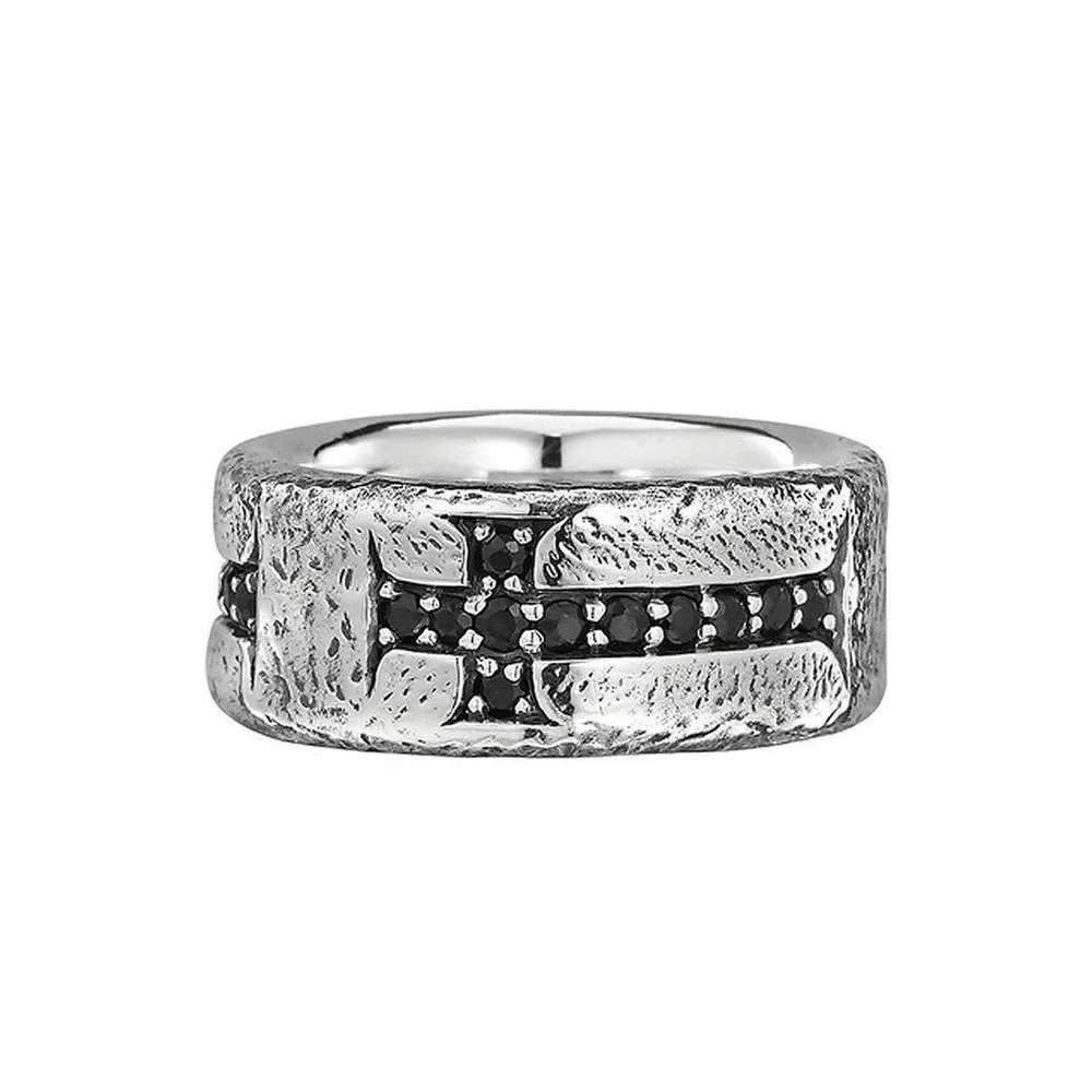 Unkaged Distressed Cross with Black Sapphire Ring