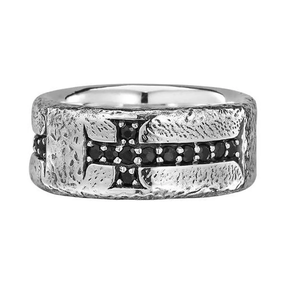 Unkaged Distressed Cross with Black Sapphire Ring