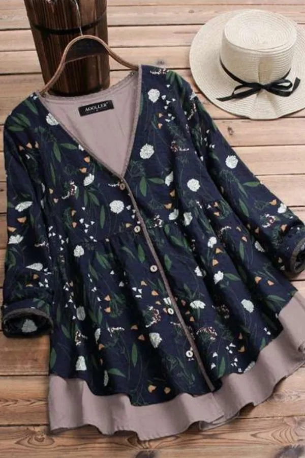 V Neck Floral Printing Blouse