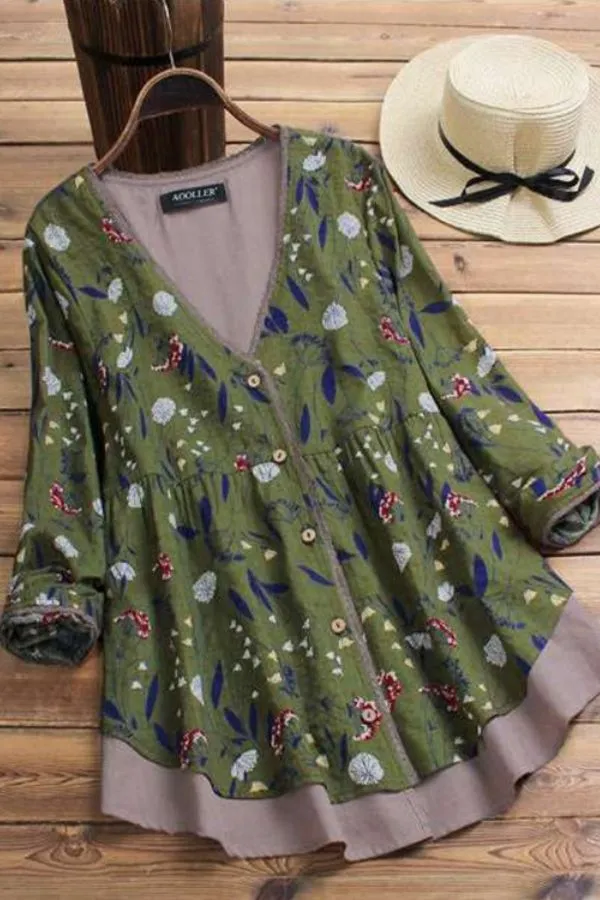 V Neck Floral Printing Blouse