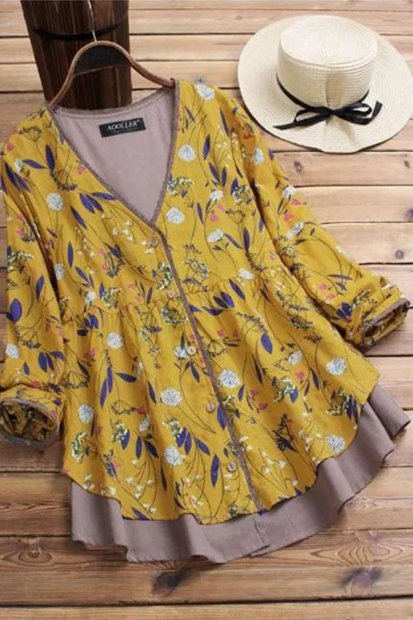 V Neck Floral Printing Blouse