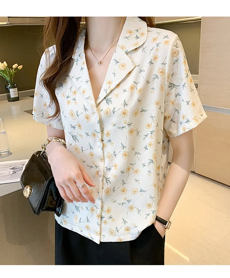 V-Neck Florals Pattern Short Sleeve Blouse Shirt
