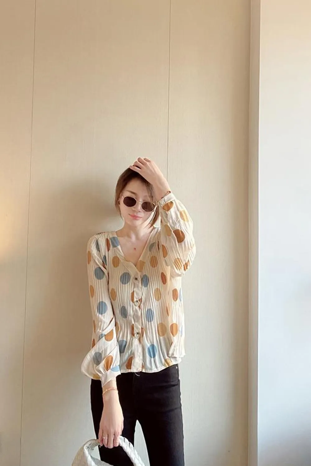 V-Neck Long Sleeve Polka Dots Chiffon Shirt