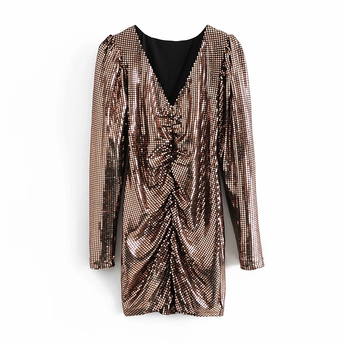 V-neck Sequins Shirred Frill Party Bodycon Mini Dresses