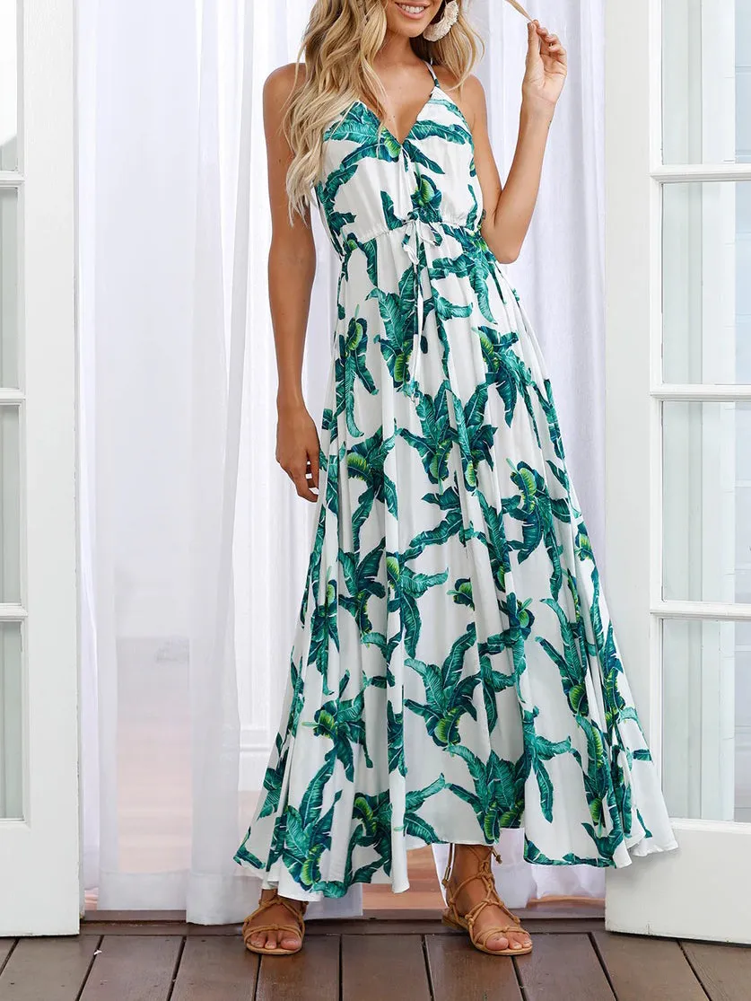 V-neck Sleeveless Halter Print Bohemian Large Dress
