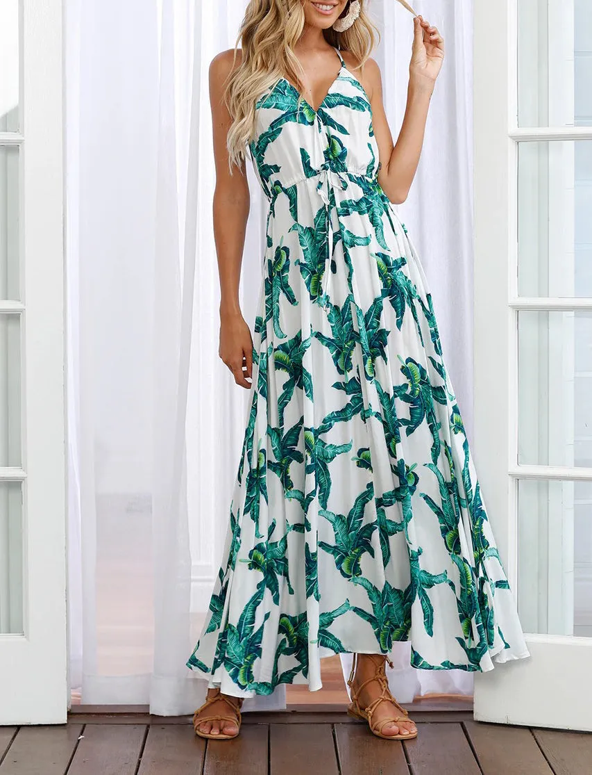 V-neck Sleeveless Halter Print Bohemian Large Dress