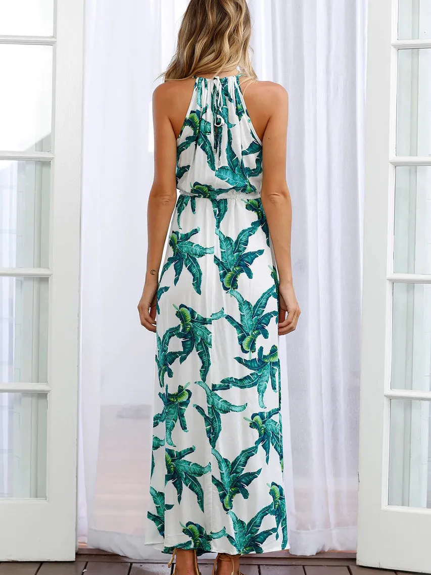 V-neck Sleeveless Halter Print Bohemian Large Dress