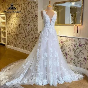 V Neck Wedding Dress Lace Applique Blush Pink Backless Bridal Gown