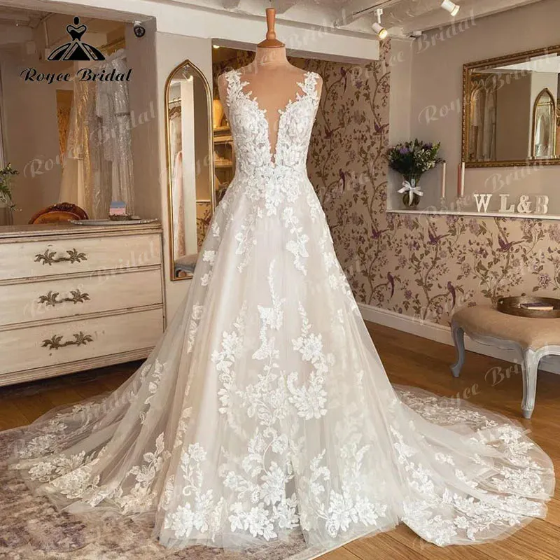 V Neck Wedding Dress Lace Applique Blush Pink Backless Bridal Gown